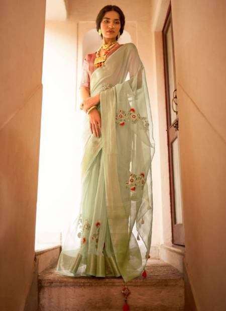 Green Colour Rabab Kimora New Latest Designer Organza Silk Ethnic Wear Saree Collection 2013
